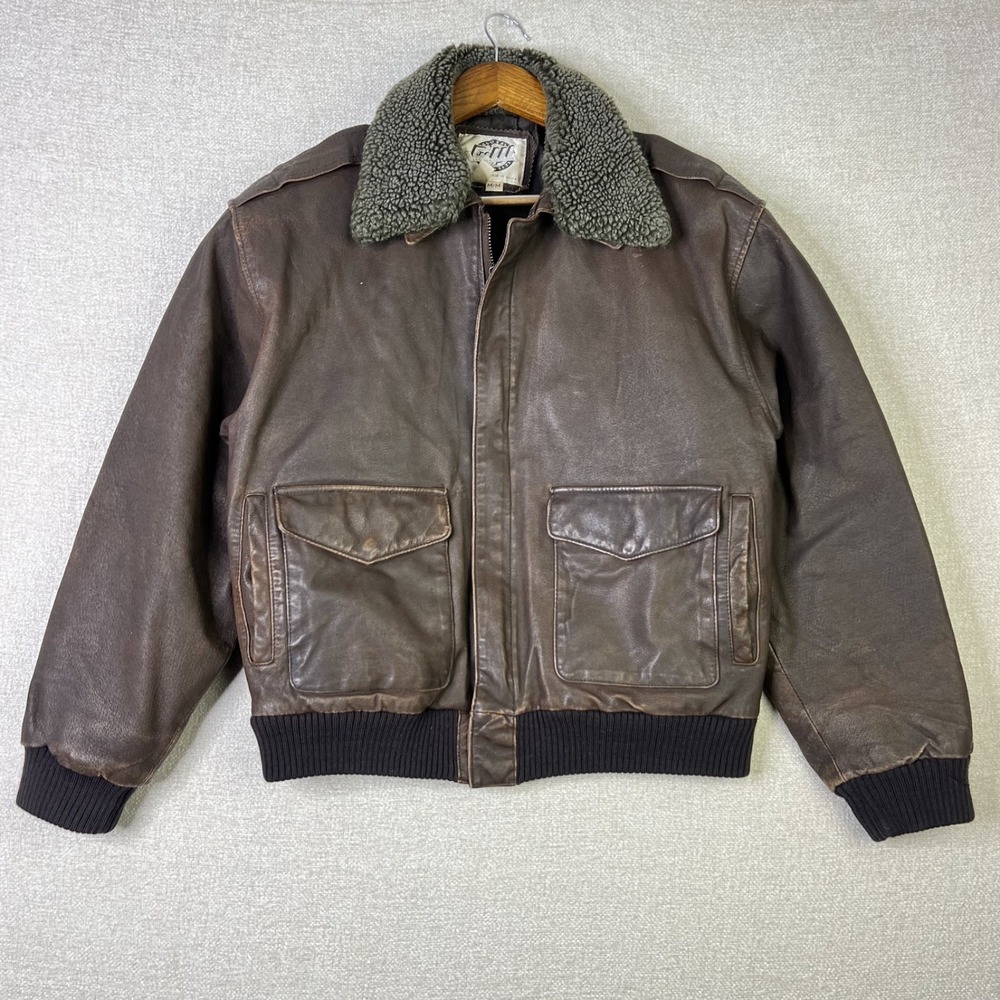 Vintage 80s Genuine Leather Bomber Jacket Mens M Brown Shearling Collar GIII 90s